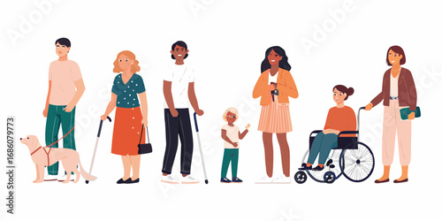 Diverse group of people with disabilities and a guide dog standing together