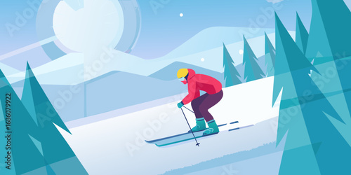 Stylized illustration of a person skiing down a snow covered mountain slope with evergreen trees and a large sun in the background