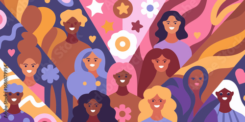 Diverse group of smiling women with colorful abstract shapes and floral elements in a flat design style