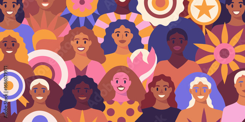Diverse group of smiling women with varied hairstyles and skin tones in a colorful abstract pattern background