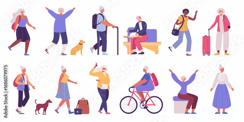 Diverse group of active senior citizens enjoying various activities and traveling with luggage and pets