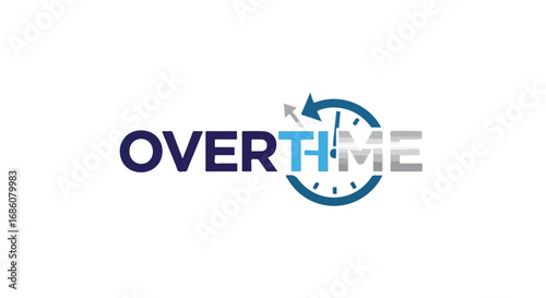 Overtime work concept with clock graphic logo, representing productivity and extended hours for labor, blue and gray color scheme for design assets
