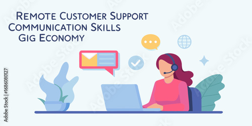 Woman with headset working remotely on laptop with communication icons for customer support and gig economy