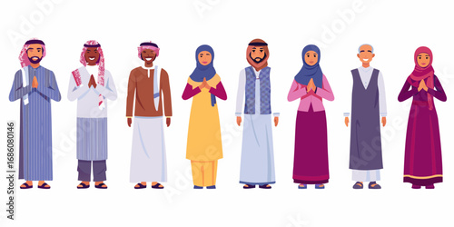Diverse group of muslim men and women in traditional islamic clothing standing together