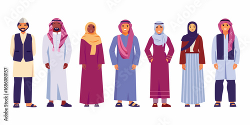 Diverse group of men and women in traditional middle eastern and islamic clothing standing together