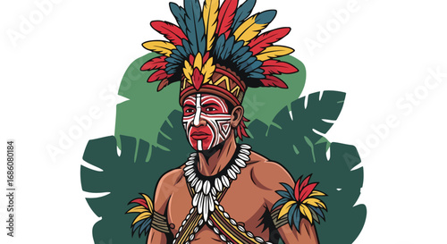 Vibrant traditional tribal costume featuring intricate face paint and elaborate feathered headdress emphasizing cultural heritage and artistic
