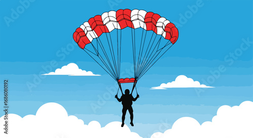 Silhouette of a person descending with a parachute against a vibrant blue sky with high-altitude clouds