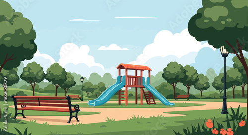 Children's Playground with Double Slide and Relaxing Park Benches Under a Bright Sky with Lush Green Trees and Elegant Lampposts