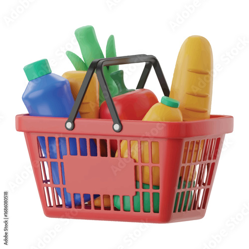 A shopping basket with 3D groceries, isolated on white background.