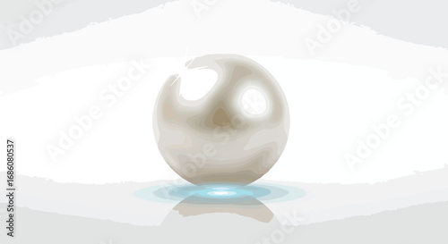 Spherical pearl with reflective highlights floating above a subtle water ripple on smooth surface minimalistic design representation