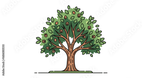 Illustration of a Fruit Tree with Lush Green Foliage and Abundant Branches Displaying Ripening Fruits in a Vibrant and Playful Style Suitable for