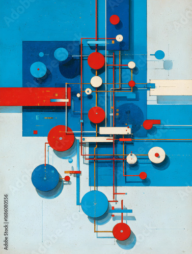 A complex three dimensional abstract structure with interconnected red and blue geometric shapes.