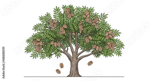 Illustration of a lush green tree with vibrant foliage and detailed textured bark showcasing natural beauty and organic growth in a minimalistic style