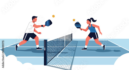 dynamic pickleball doubles match featuring male and female opponents actively engaged in a fast-paced game on an outdoor court with a tennis net and