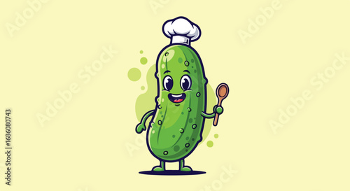 Adorable cartoon cucumber dressed as a chef with a cheerful face and holding a wooden spoon, emphasizing playful culinary creativity and healthy