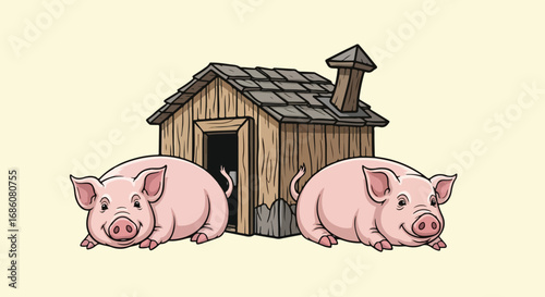 Adorable Cartoon Pigs Resting Near a Rustic Wooden Barn with Playful Expressions and a Cozy Farm Atmosphere