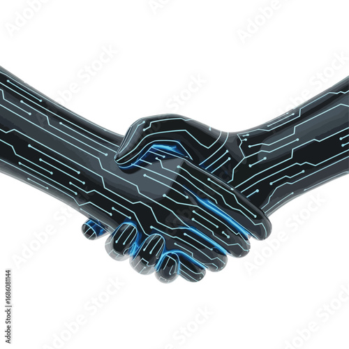 A 3D handshake with data circuit patterns, isolated on white background.