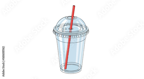 Clear plastic beverage cup with a red straw and secure lid for cold drink presentation with realistic shading and reflective surfaces ideal for fast
