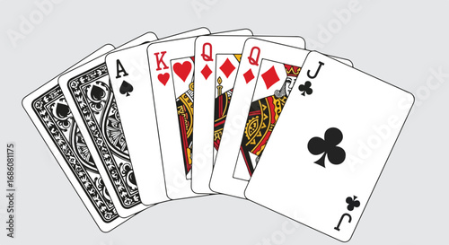 A diverse set of playing cards showcasing various suits and ranks fanned out on a neutral background emphasizing card game elements