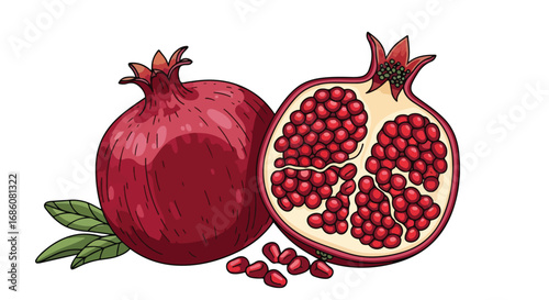 Vivid Illustration of a Whole Pomegranate with a Cross-Section Showing Juicy Seeds and Fresh Green Leaves