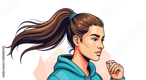 Dynamic illustrated female athlete with flowing hair dressed in casual hoodie in a confident pose emphasizing strength and determination in a modern