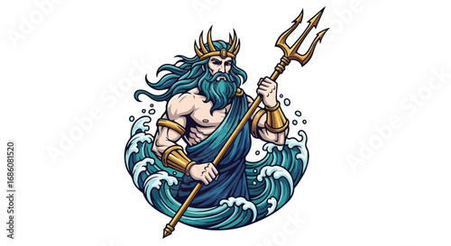 Mythical ocean god with a trident and flowing beard navigating turbulent waves in a fantasy art style