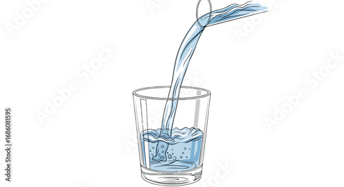 Clear stream of water being poured into a transparent glass creating ripples and bubbles with realistic liquid flow dynamics