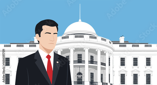 Illustration of a stylish businessman standing in front of the White House depicted in a modern, minimalistic art style emphasizing contrast and