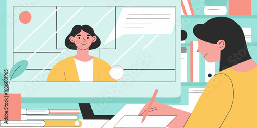 Woman learning online while taking notes during a video conference call with a teacher