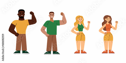 Diverse group of people flexing their muscles showing strength and unity against a white background