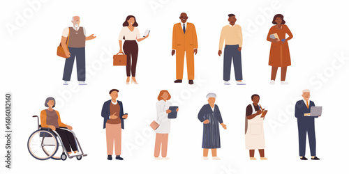 Diverse group of people of different ages genders and ethnicities standing together in a flat design style