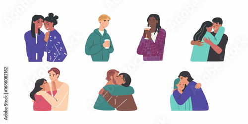 Collection of diverse couples and individuals expressing affection and connection through hugs and embraces