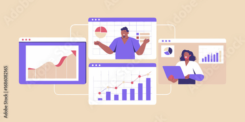 Diverse business professionals analyzing financial data and presenting growth charts on digital screens