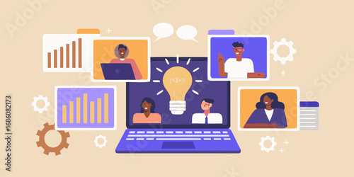 Diverse team collaborating remotely sharing ideas and analyzing data on a laptop screen