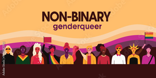 Diverse group of non binary and genderqueer people celebrating pride with flags and colorful backgrounds