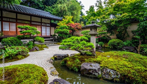 Tranquil Japanese Garden with Lush Greenery and Serene Pond