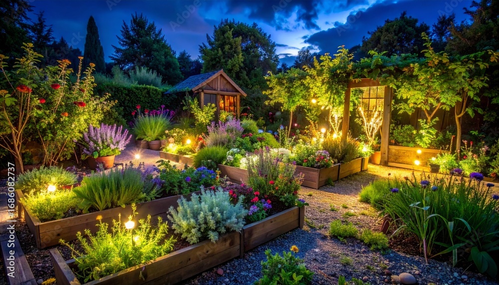 Fototapeta premium Enchanting Night Garden with LED Lights and Lush Greenery