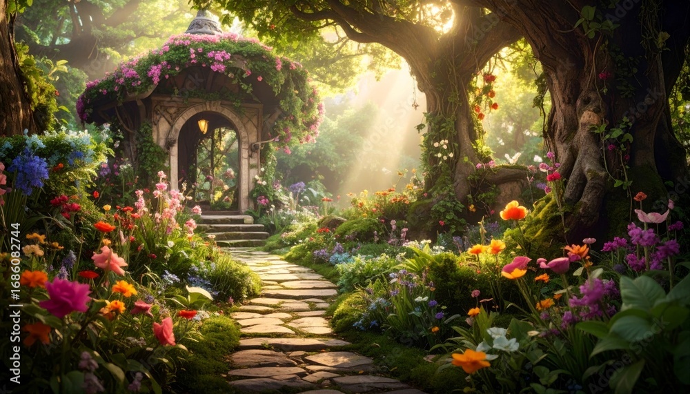 Fototapeta premium Enchanted Garden Path with Colorful Flowers and Cozy Cottage