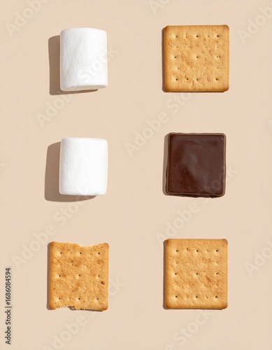 Sweet marshmallow, crisp graham cracker, and rich chocolate squares arranged for perfect s'mores inspiration