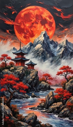 Serene Oriental Landscape with Pagodas, Bridge, and Majestic Mountains Under Red Sun