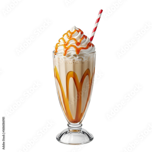 A tall glass of caramel milkshake topped with whipped cream and caramel drizzle, isolated on transparent background