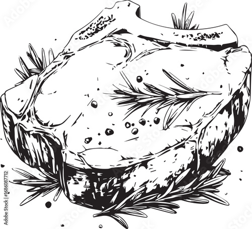Gourmet Steak Illustration: A detailed black and white illustration depicts a thick-cut steak, garnished with fresh herbs and spices. A visual feast for food lovers!
