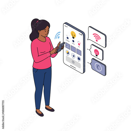 A person stands operating a smartphone The phone displays an app interface for smart home control Speech bubbles show icons