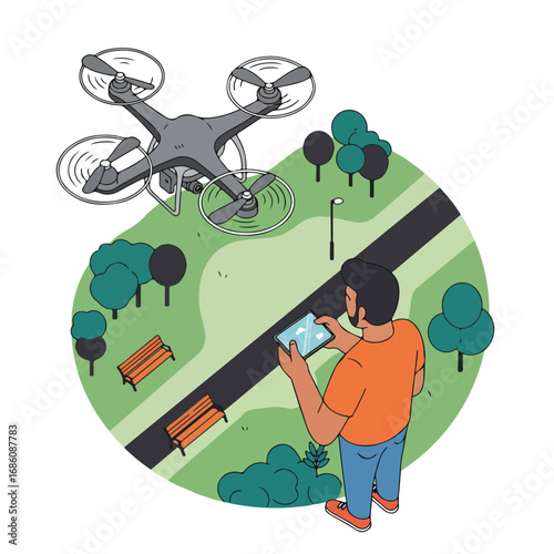 A person using a tablet to control a drone in a park setting