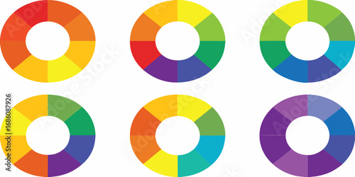 Six colorful color wheels arranged in two rows showing different color harmonies and palettes