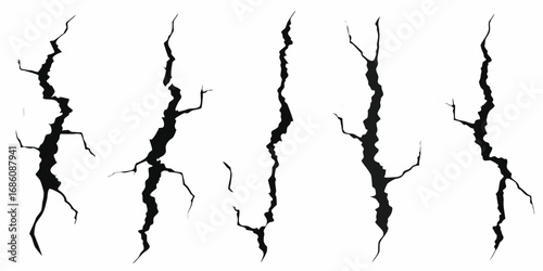 Collection of stylized black cracks and fissures on a white background representing damage and breakage