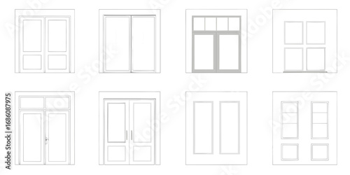 Collection of architectural line drawings featuring various types of doors and windows for building design