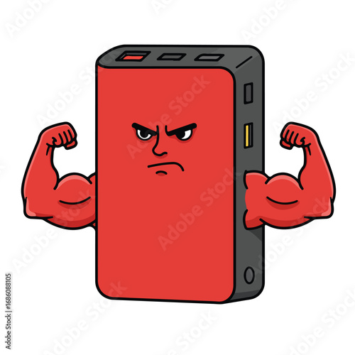 A red cartoon power bank with angry face and flexed arms Grey topside various ports