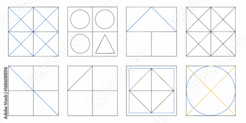 Collection of geometric shapes and line drawings on white background