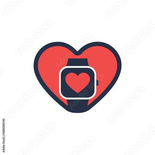 A red heart shape with a dark blue outline surrounds a smartwatch with a heart symbol on its display